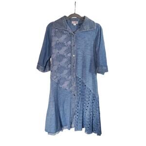 Kamana Lagenlook Burnout Embroidered Light Blue Tunic Blouse Dress, Size Medium